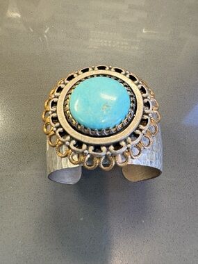 Turquoise Stone Silver-Tone Filigree Cuff Bracelet - Unbranded
